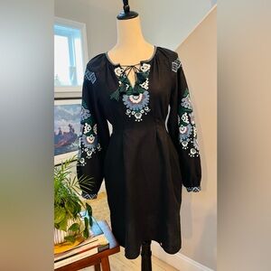 POAK MOAA Dress Linen BOHO VYSHYVANKA Tie Back Embroidered in Black/Blue/Multi